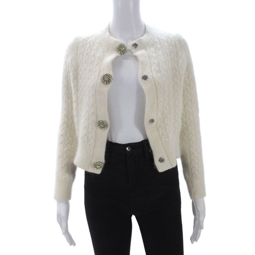 Kate Spade Unisex Cardigan Cable Crew Neck Wool Acrylic Beige Button Size XS